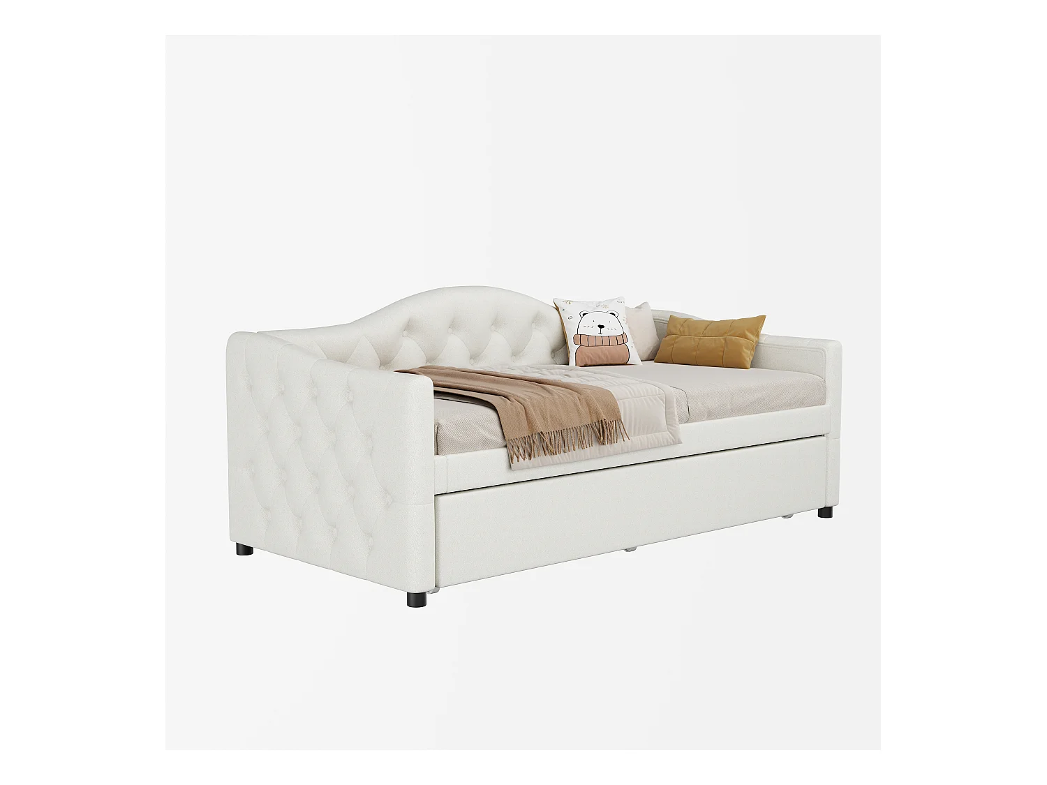 Onderschuifbed 90 x 200 cm + bed 90 x 190 cm, slaapbank - linnen stof - beige kleur (zonder matras)