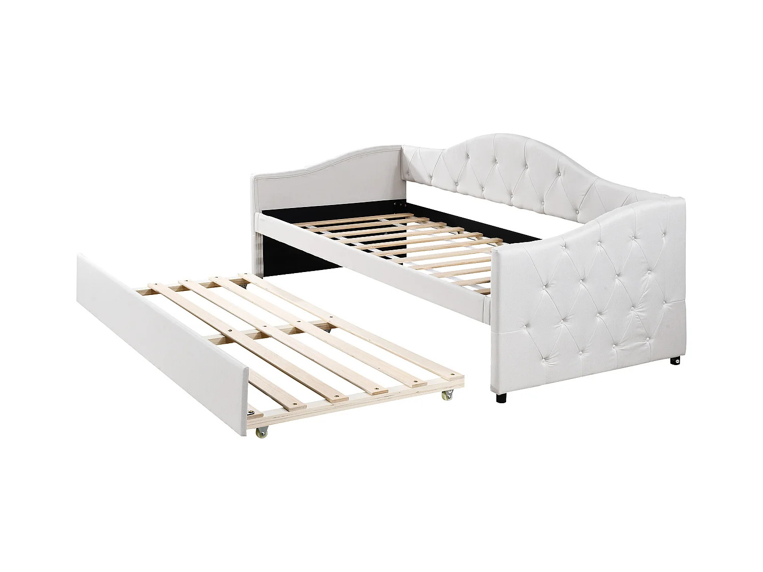 Onderschuifbed 90 x 200 cm + bed 90 x 190 cm, slaapbank - linnen stof - beige kleur (zonder matras)