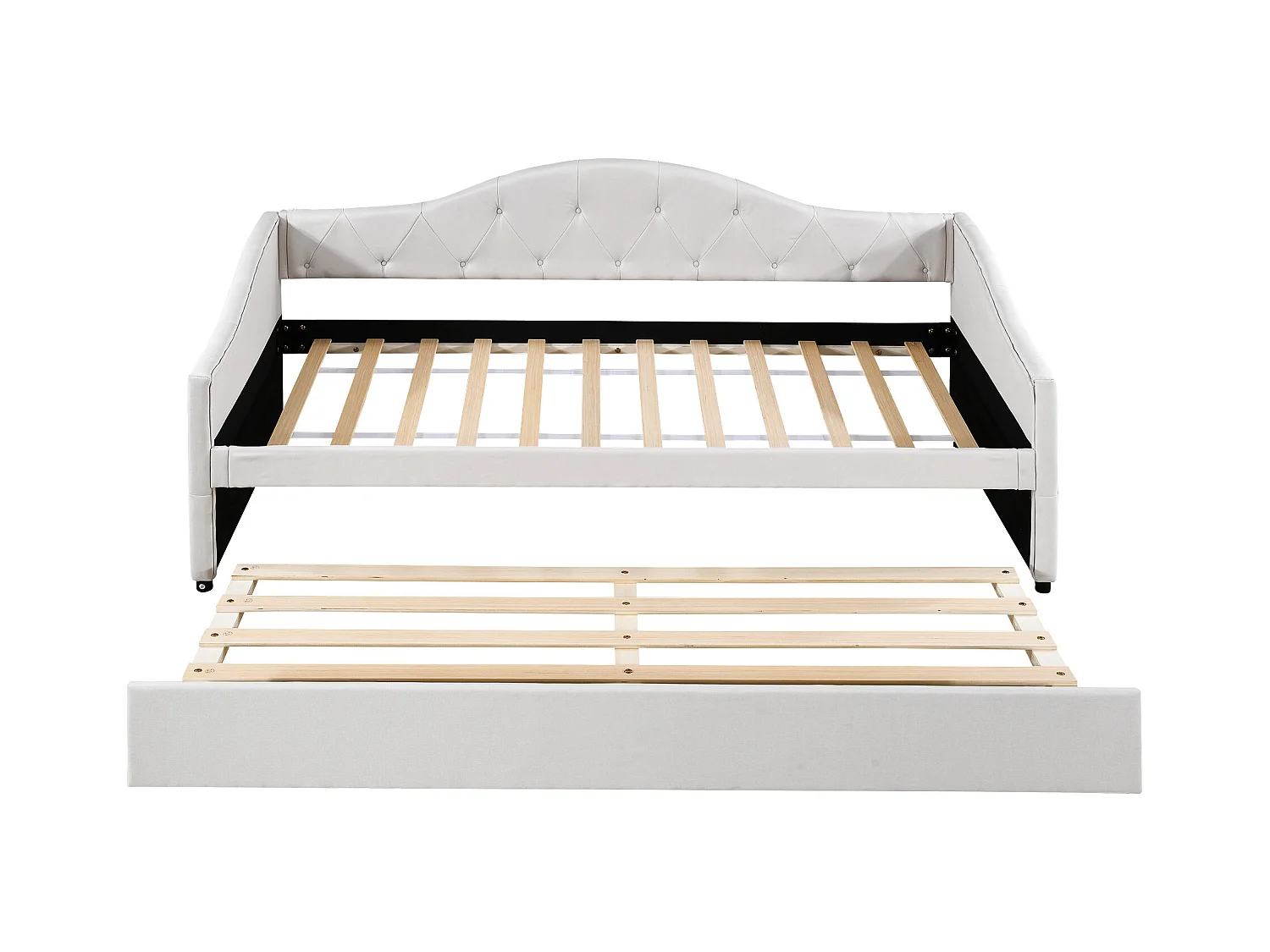 Onderschuifbed 90 x 200 cm + bed 90 x 190 cm, slaapbank - linnen stof - beige kleur (zonder matras)