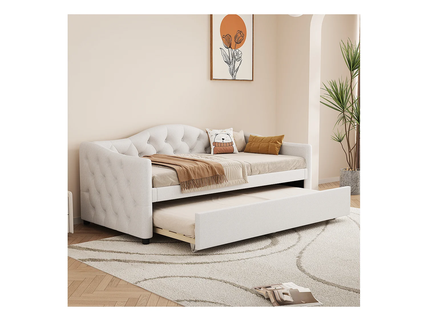 Lit gigogne 90 x 200 cm + lit 90 x 190 cm, canapé-lit - tissu en lin - coloris beige (sans matelas)