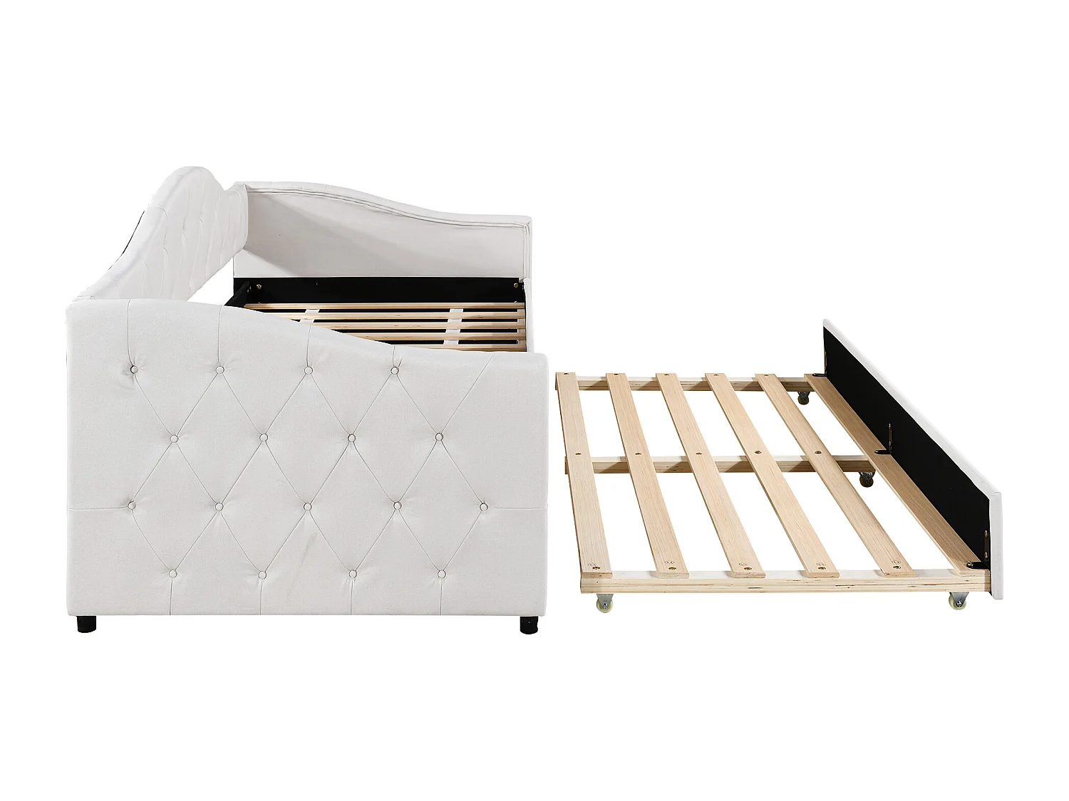 Lit gigogne 90 x 200 cm + lit 90 x 190 cm, canapé-lit - tissu en lin - coloris beige (sans matelas)