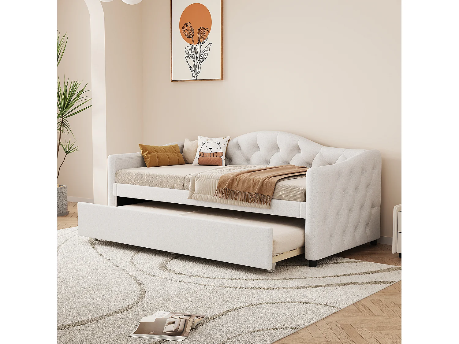 Lit gigogne 90 x 200 cm + lit 90 x 190 cm, canapé-lit - tissu en lin - coloris beige (sans matelas)