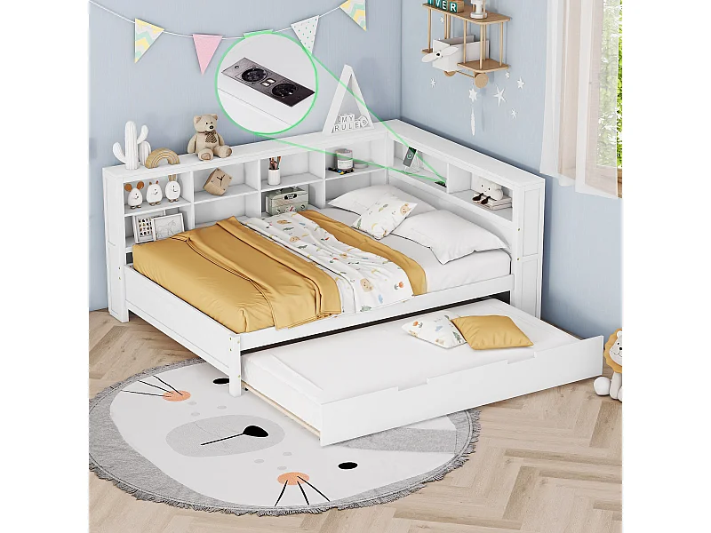 Łóżko wysuwane 140 x 200 cm + 90 x 190 cm z portem USB i regałem na książki - Drewno lite - Białe (bez materaca)