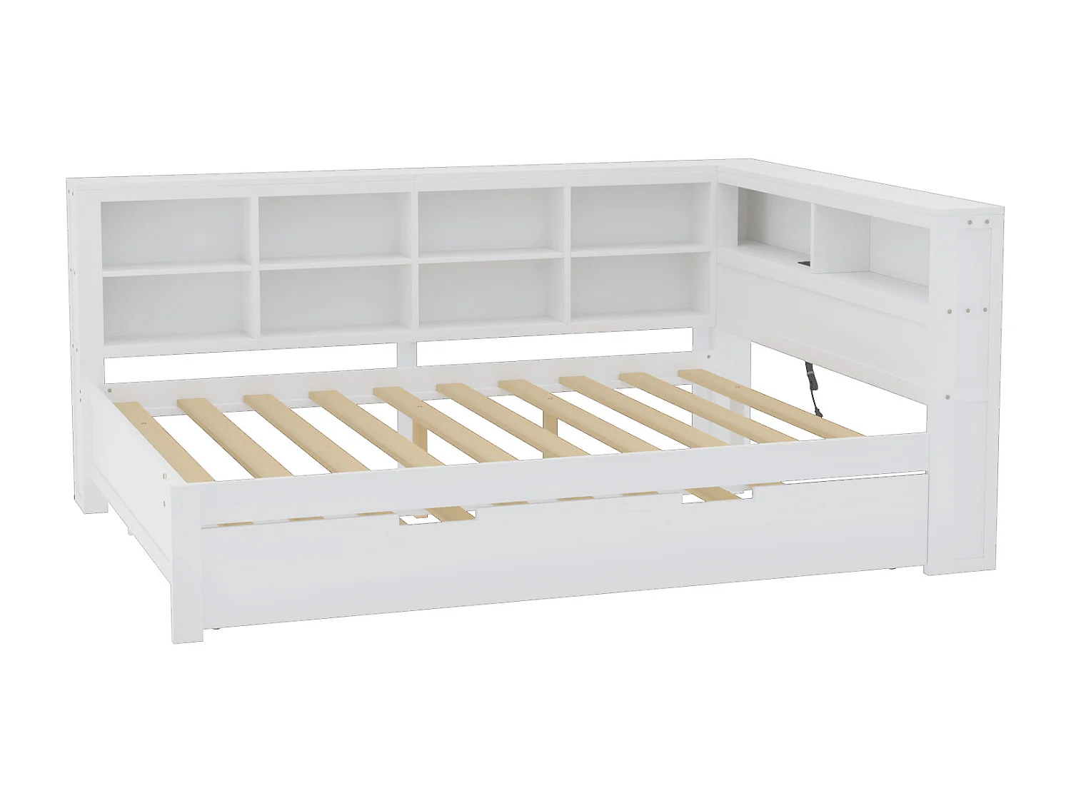 Lit gigogne 140 x 200 cm + 90 x 190 cm avec prise USB et bibliothèque - Bois massif - Blanc (sans matelas)