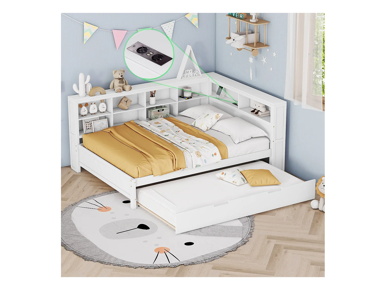 Lit gigogne 140 x 200 cm + 90 x 190 cm avec prise USB et bibliothèque - Bois massif - Blanc (sans matelas)