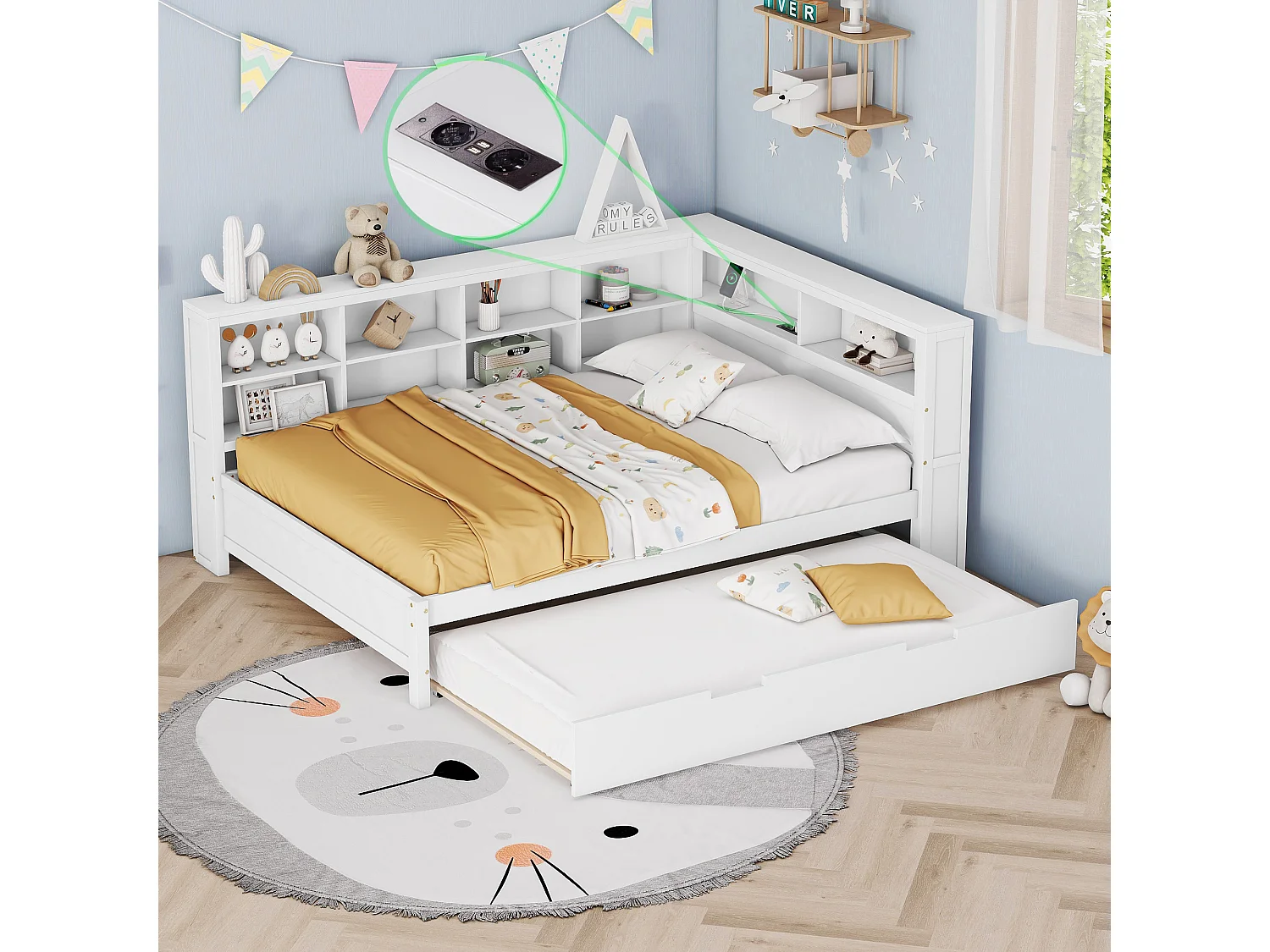 Lit gigogne 140 x 200 cm + 90 x 190 cm avec prise USB et bibliothèque - Bois massif - Blanc (sans matelas)