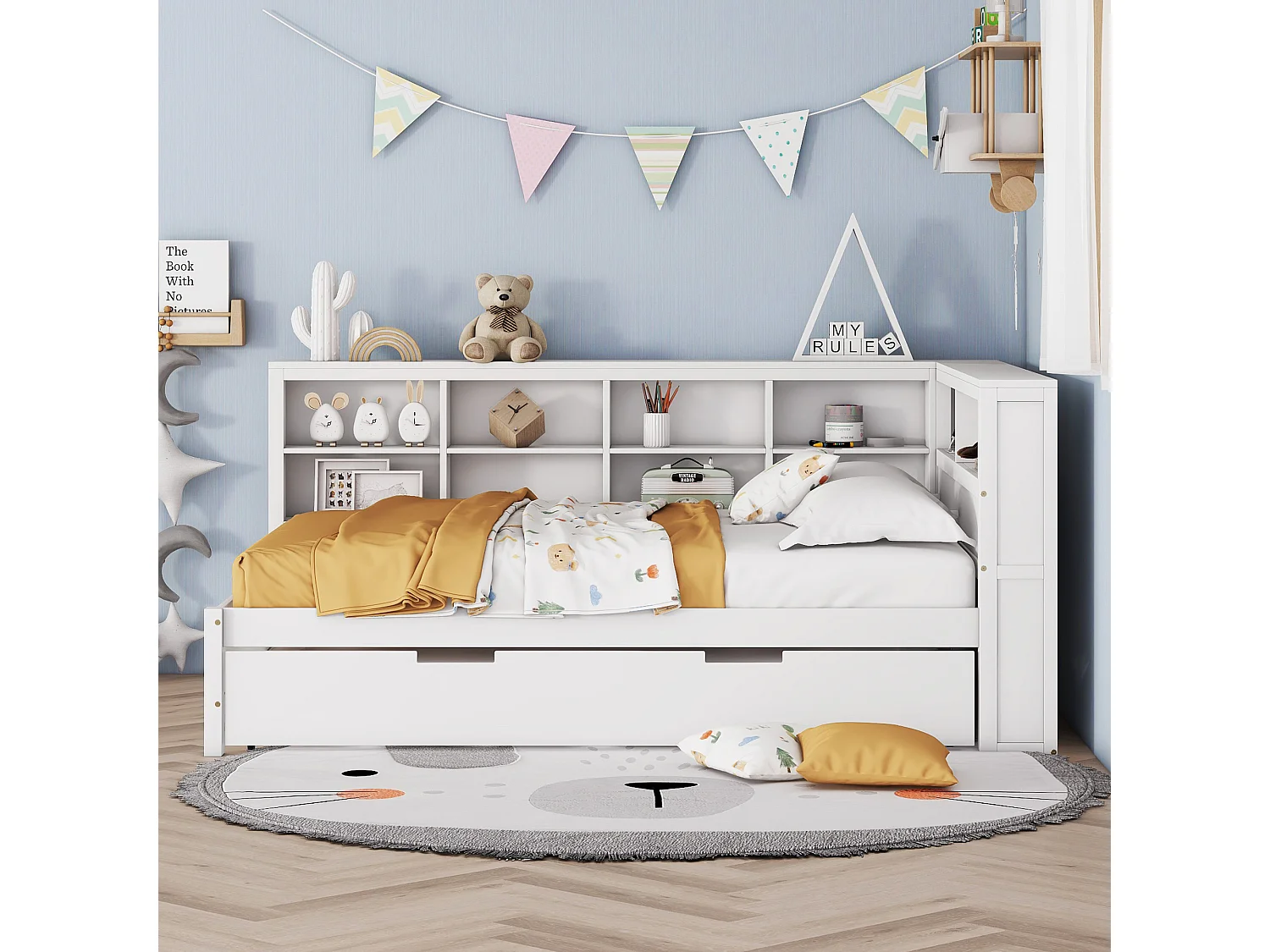 Onderschuifbed 140 x 200 cm + 90 x 190 cm met USB-aansluiting en boekenkast - Massief hout - Wit (zonder matras)