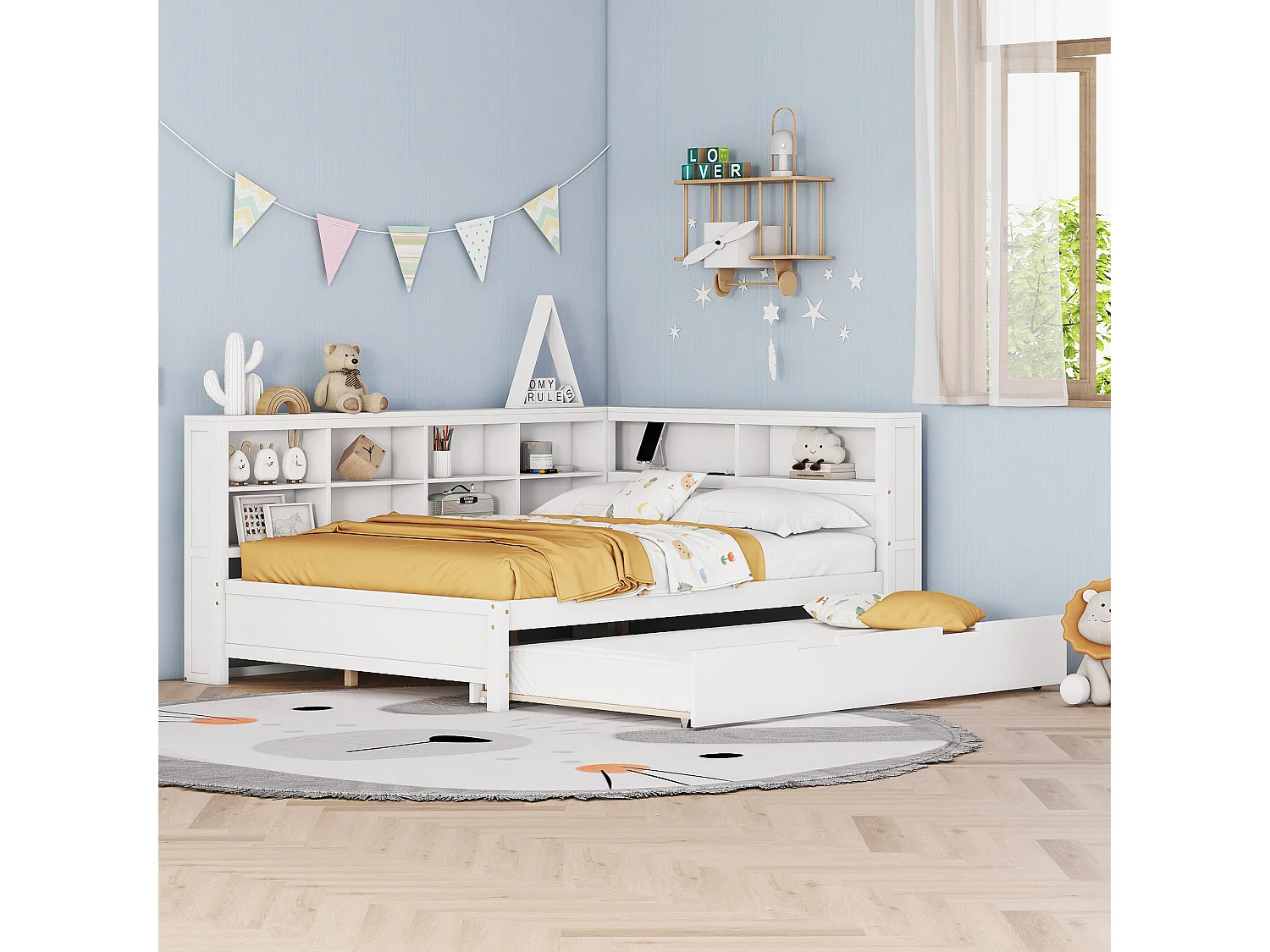 Onderschuifbed 140 x 200 cm + 90 x 190 cm met USB-aansluiting en boekenkast - Massief hout - Wit (zonder matras)