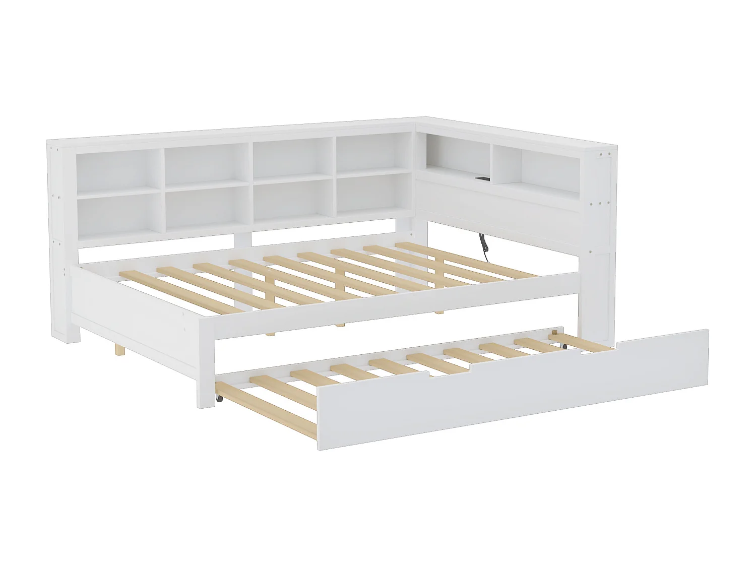 Onderschuifbed 140 x 200 cm + 90 x 190 cm met USB-aansluiting en boekenkast - Massief hout - Wit (zonder matras)