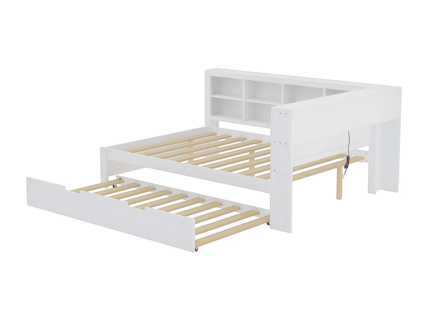 Onderschuifbed 140 x 200 cm + 90 x 190 cm met USB-aansluiting en boekenkast - Massief hout - Wit (zonder matras)