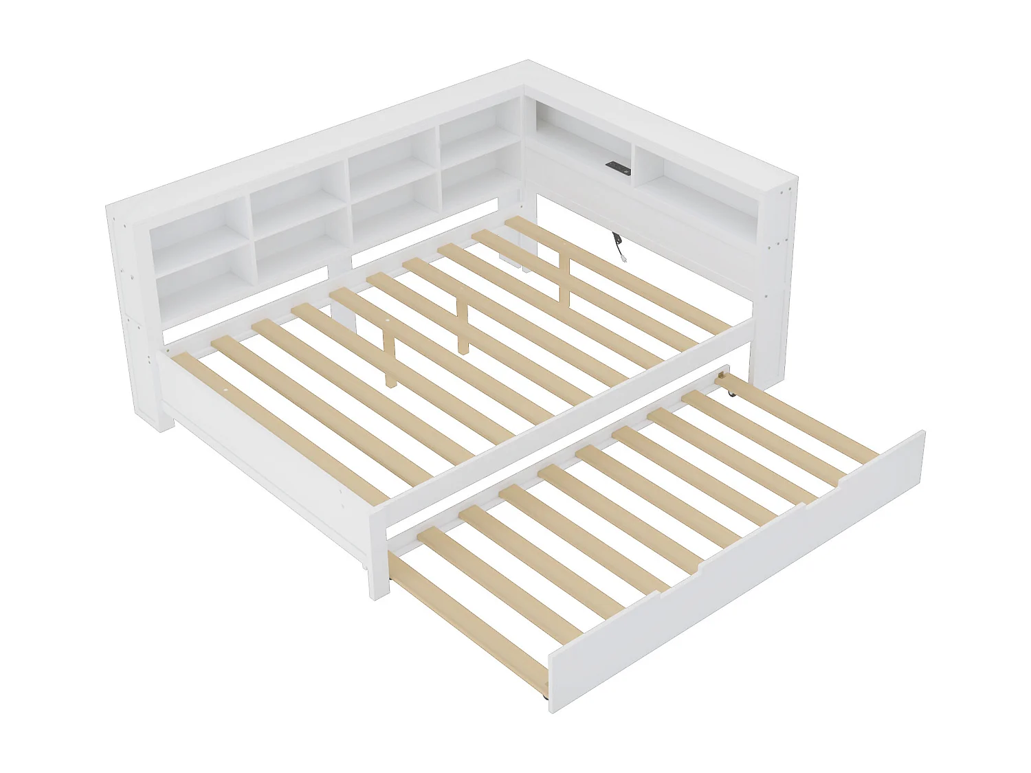 Onderschuifbed 140 x 200 cm + 90 x 190 cm met USB-aansluiting en boekenkast - Massief hout - Wit (zonder matras)