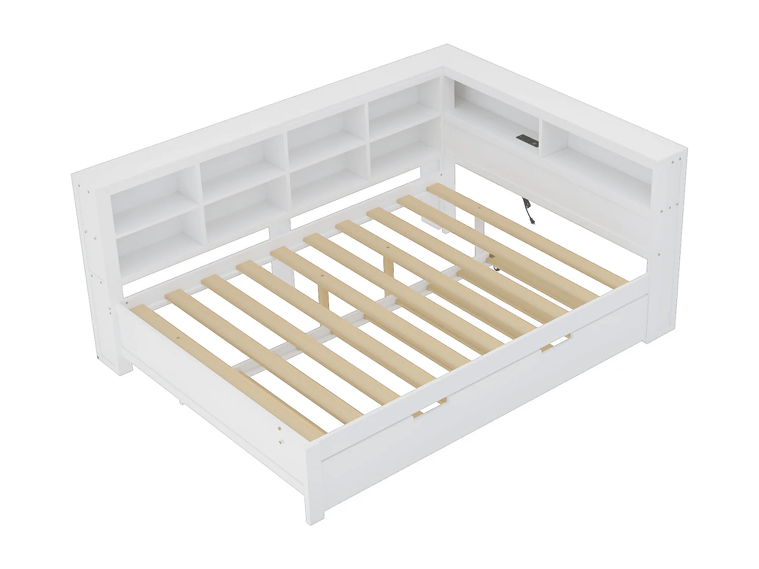 Onderschuifbed 140 x 200 cm + 90 x 190 cm met USB-aansluiting en boekenkast - Massief hout - Wit (zonder matras)