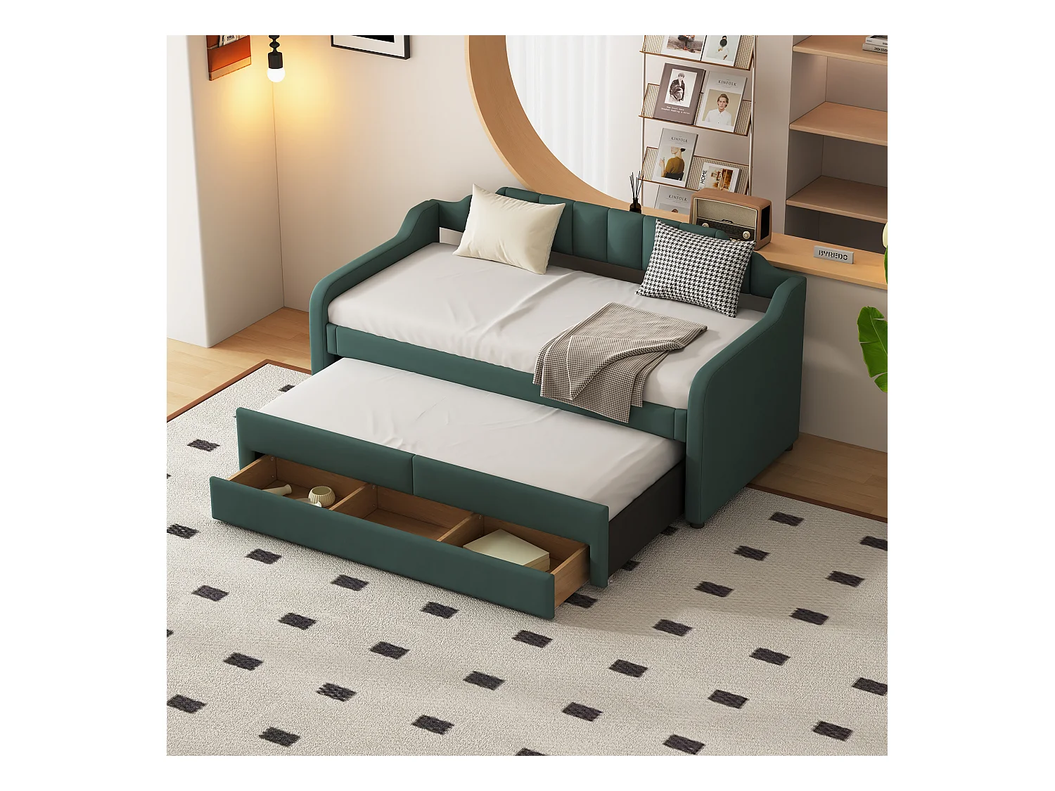 Onderschuifbed 90 x 200 cm + 90 x 190 cm met 3 laden, dagbed - katoenen linnen stof - groene kleur