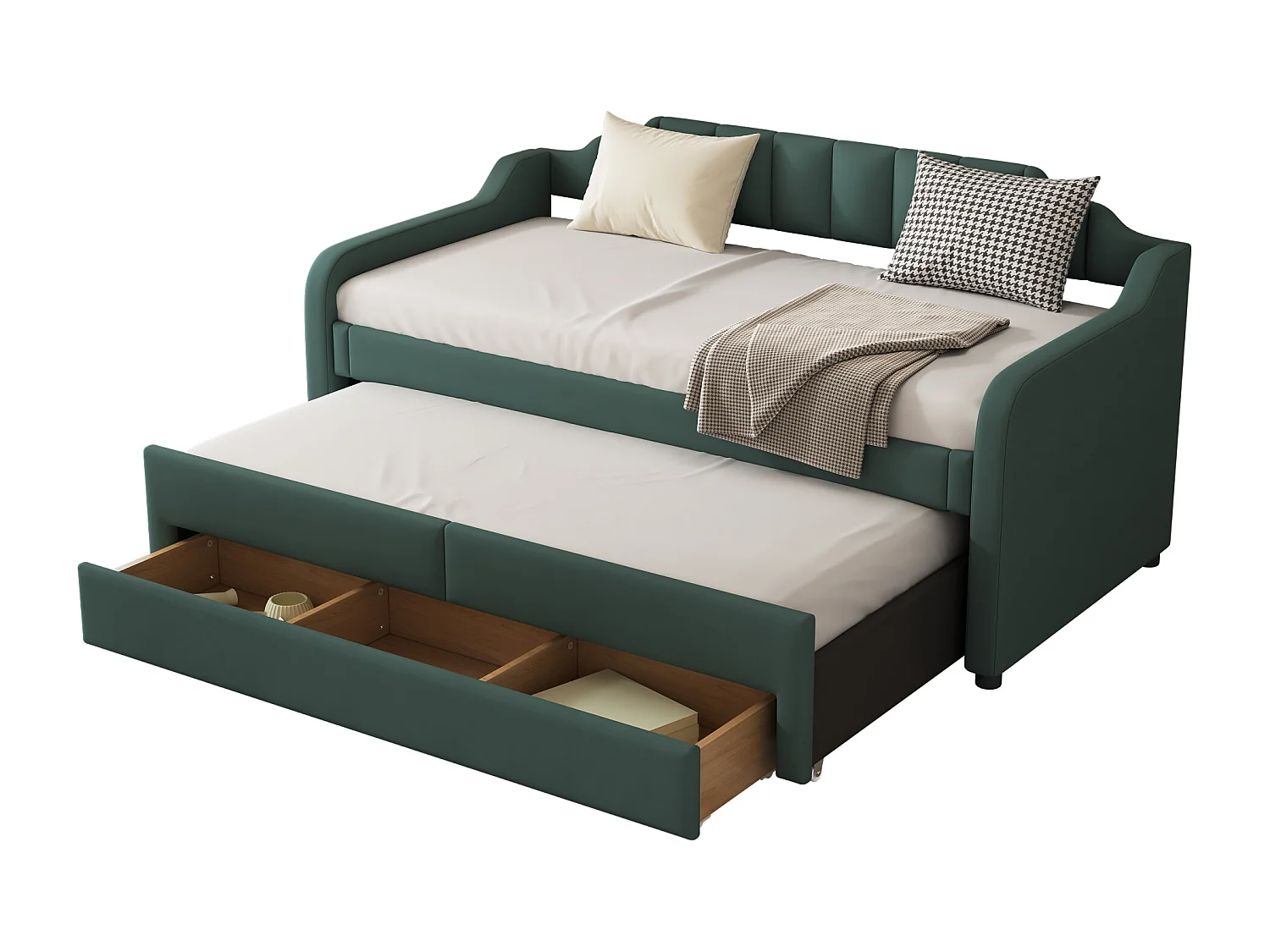 Letto estraibile 90 x 200 cm + 90 x 190 cm con 3 cassetti, divano letto - tessuto cotone lino - colore verde