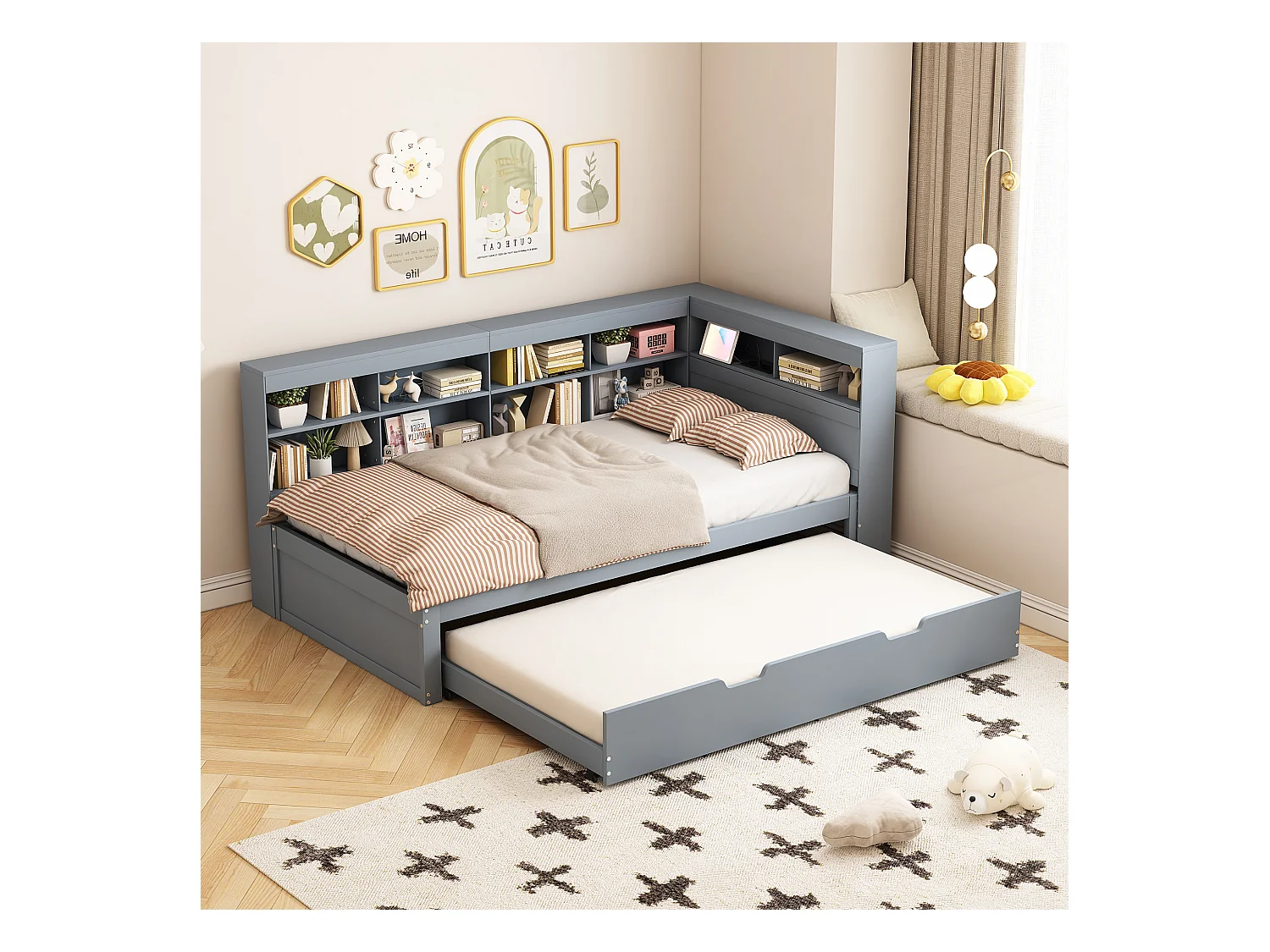 Lit gigogne 90 x 200 cm + 90 x 190 cm avec prise USB et compartiment de rangements - bois de pin + MDF - Gris (sans matelas)