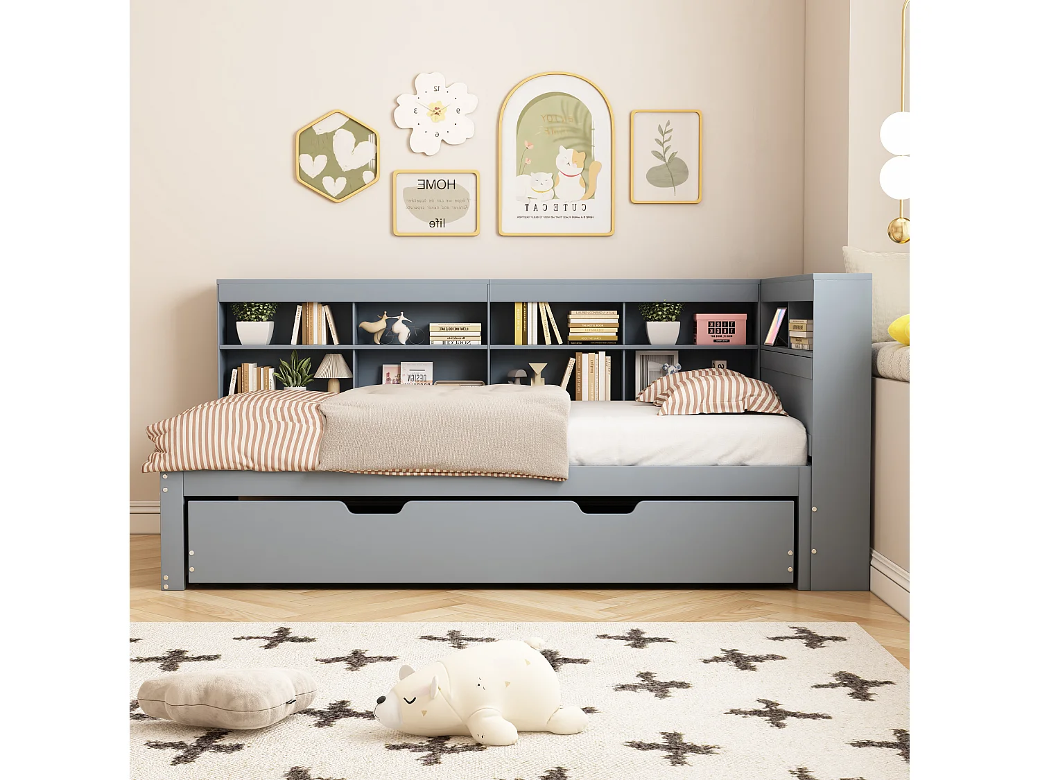 Cama nido 90 x 200 cm + 90 x 190 cm con toma USB y compartimento de almacenamiento - madera de pino + MDF - Gris (sin colchón)