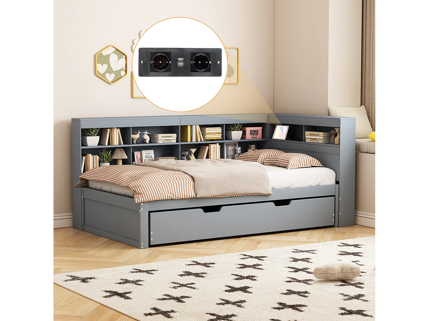 Cama nido 90 x 200 cm + 90 x 190 cm con toma USB y compartimento de almacenamiento - madera de pino + MDF - Gris (sin colchón)