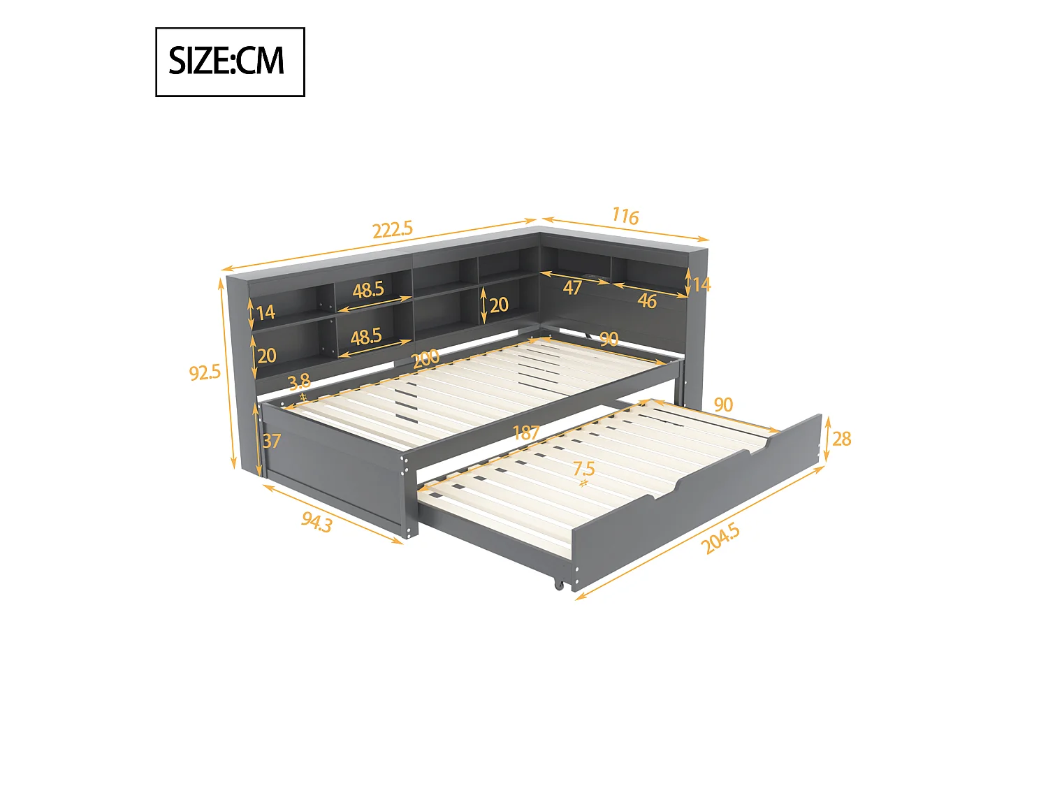 Cama nido 90 x 200 cm + 90 x 190 cm con toma USB y compartimento de almacenamiento - madera de pino + MDF - Gris (sin colchón)
