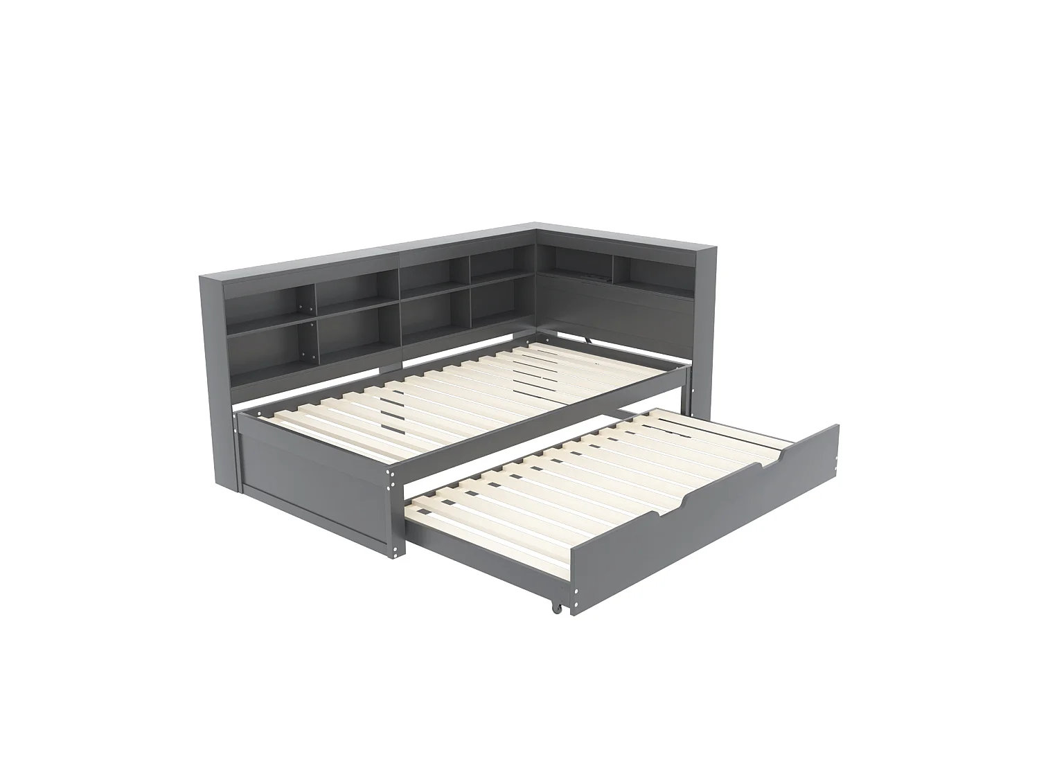 Cama nido 90 x 200 cm + 90 x 190 cm con toma USB y compartimento de almacenamiento - madera de pino + MDF - Gris (sin colchón)