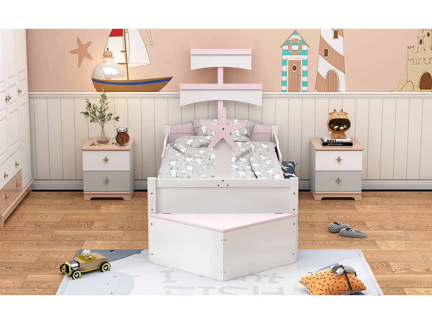 Onderschuifbed 90 x 200 cm + 90 x 190 cm met opbergkast - MDF hout - Roze (zonder matras)