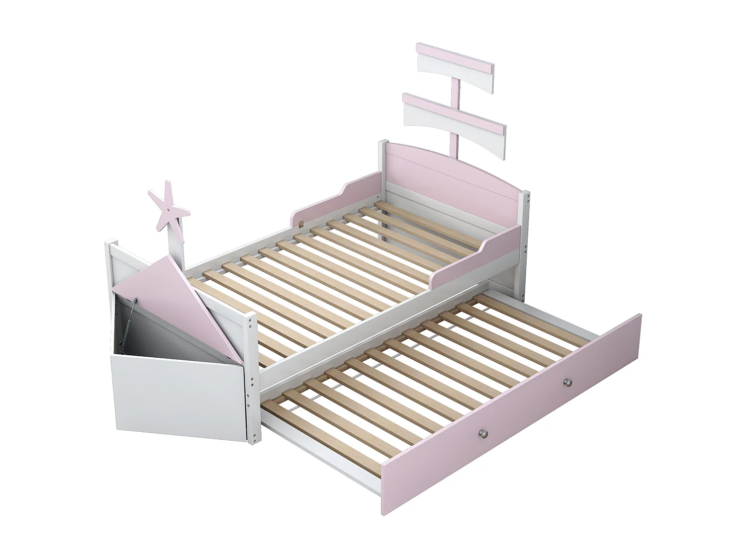 Lit gigogne 90 x 200 cm + 90 x 190 cm avec placard de rangement - Bois MDF - Rose (sans matelas)