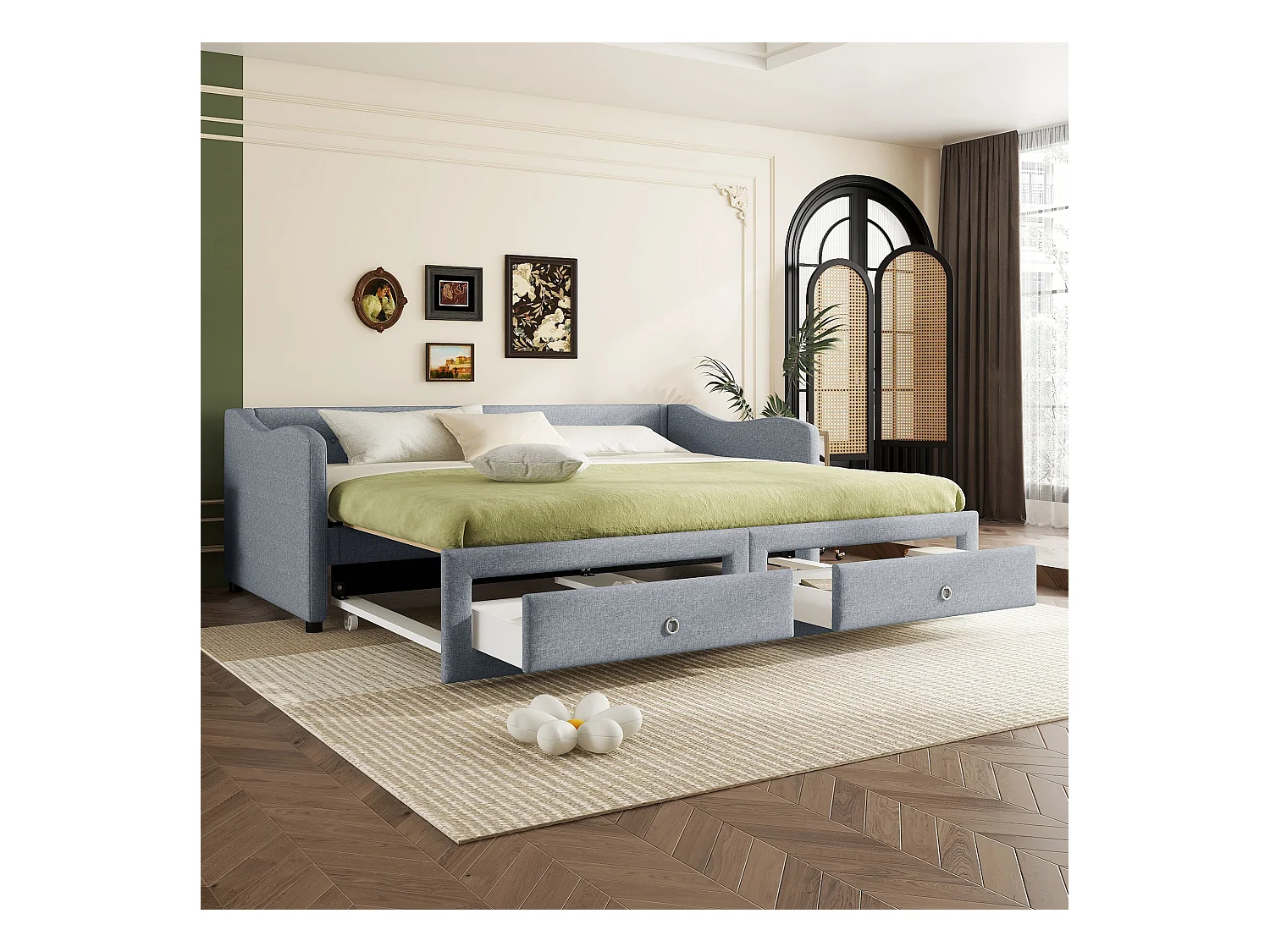 Rollbett 90/180 x 200 cm mit 2 Schubladen – Leinenstoff – Grau (ohne Matratze)
