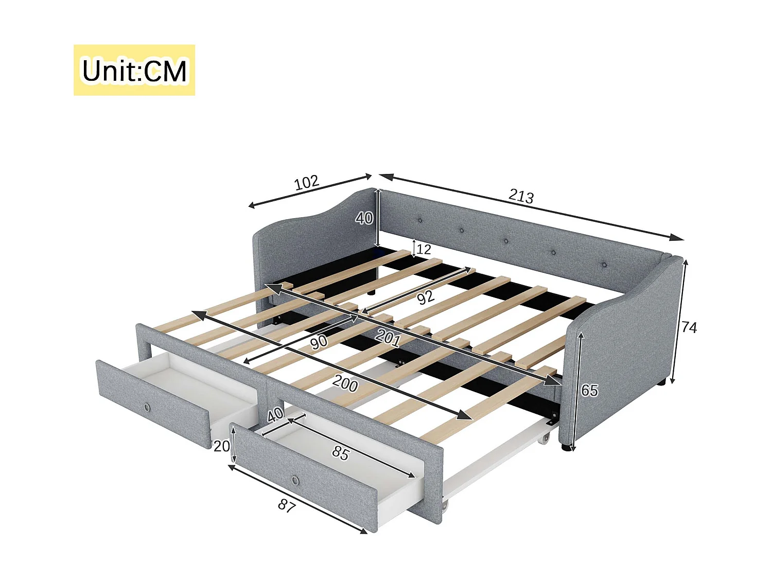 Lit gigogne 90/180 x 200 cm avec 2 tiroirs - tissu en lin - gris (sans matelas)