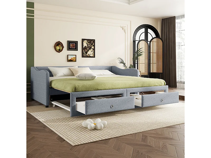 Onderschuifbed 90/180 x 200 cm met 2 lades - linnen stof - grijs (zonder matras)