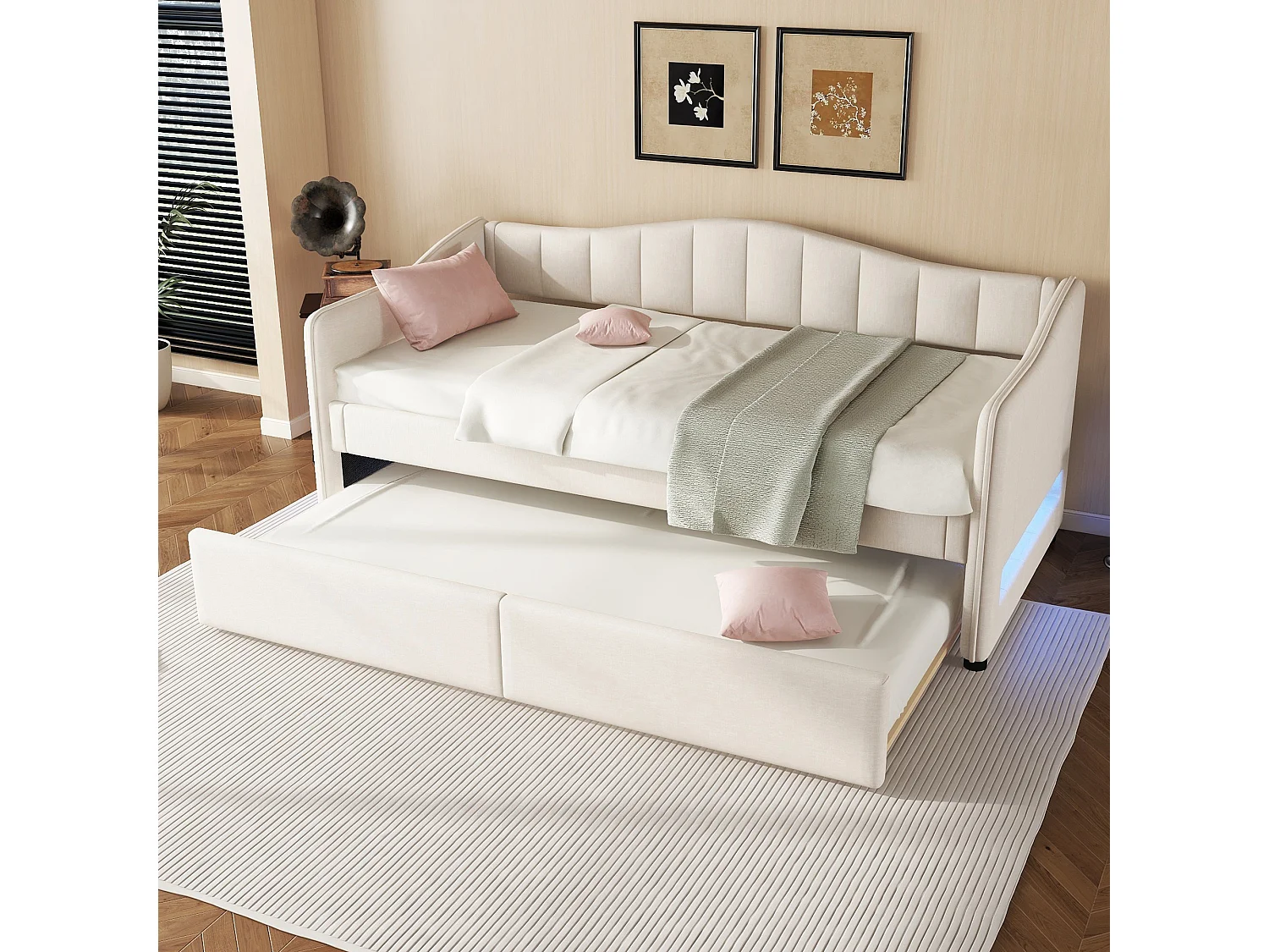 Onderschuifbed 90/180 x 200 cm met 2 laden - linnenstof - LED's - beige (zonder matras)