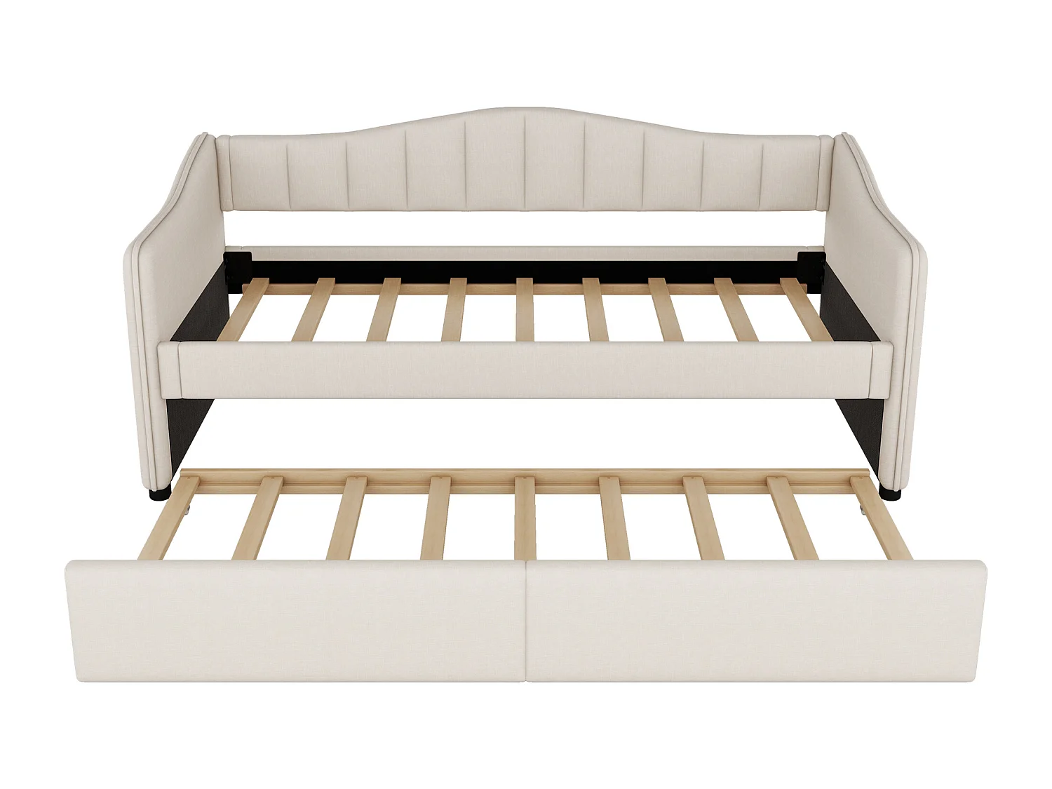 Onderschuifbed 90/180 x 200 cm met 2 laden - linnenstof - LED's - beige (zonder matras)