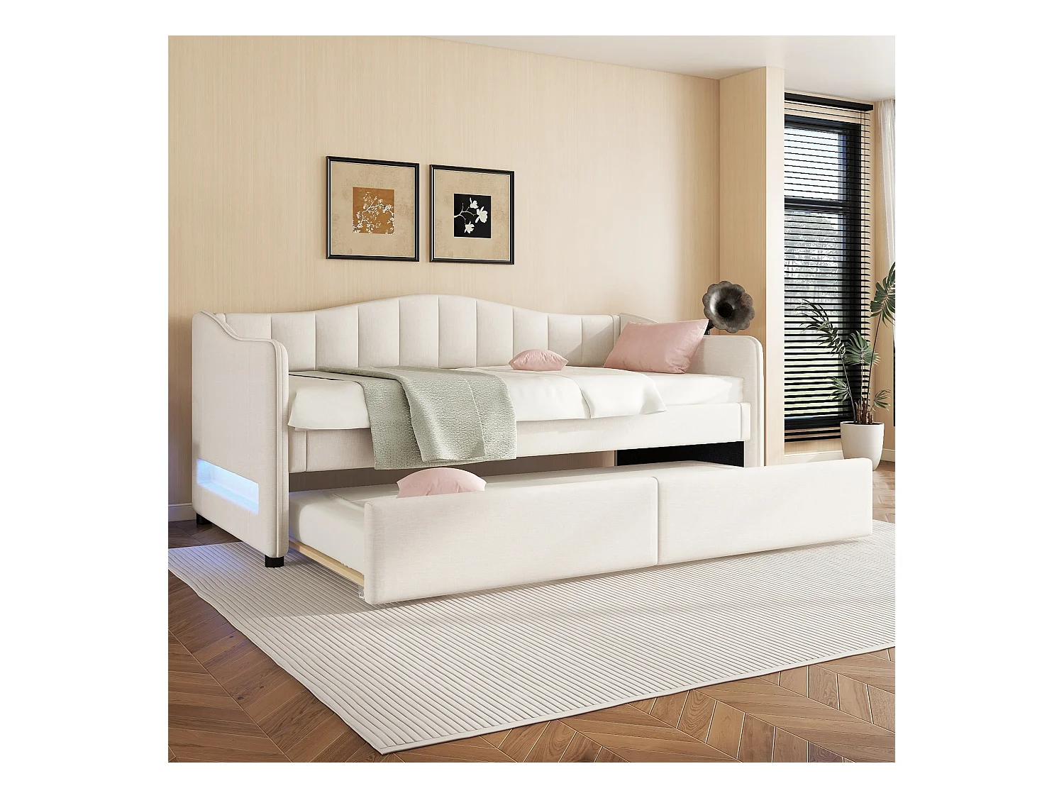 Lit gigogne 90/180 x 200 cm avec 2 tiroirs - tissu en lin - LEDs - beige (sans matelas)