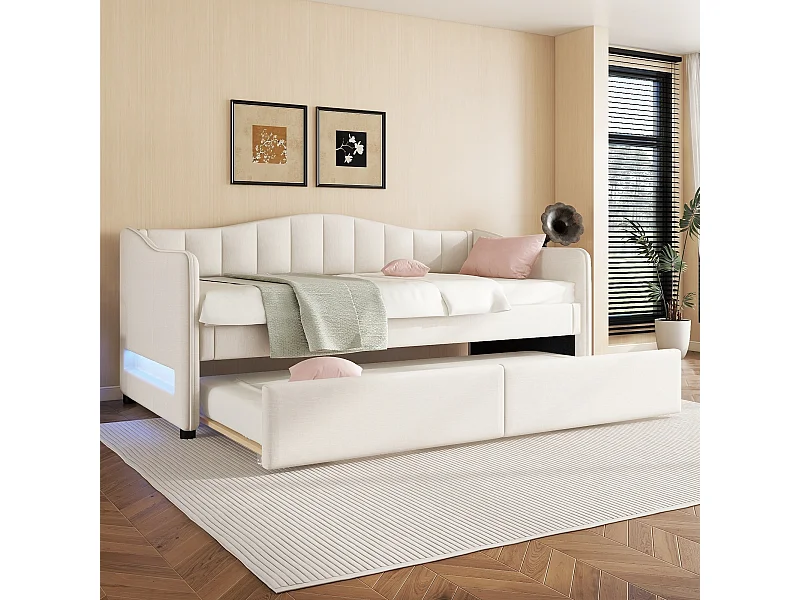 Uitschuifbed 90/180 x 200 cm met 2 lades - linnen stof - LED-verlichting - beige (matras niet inbegrepen)