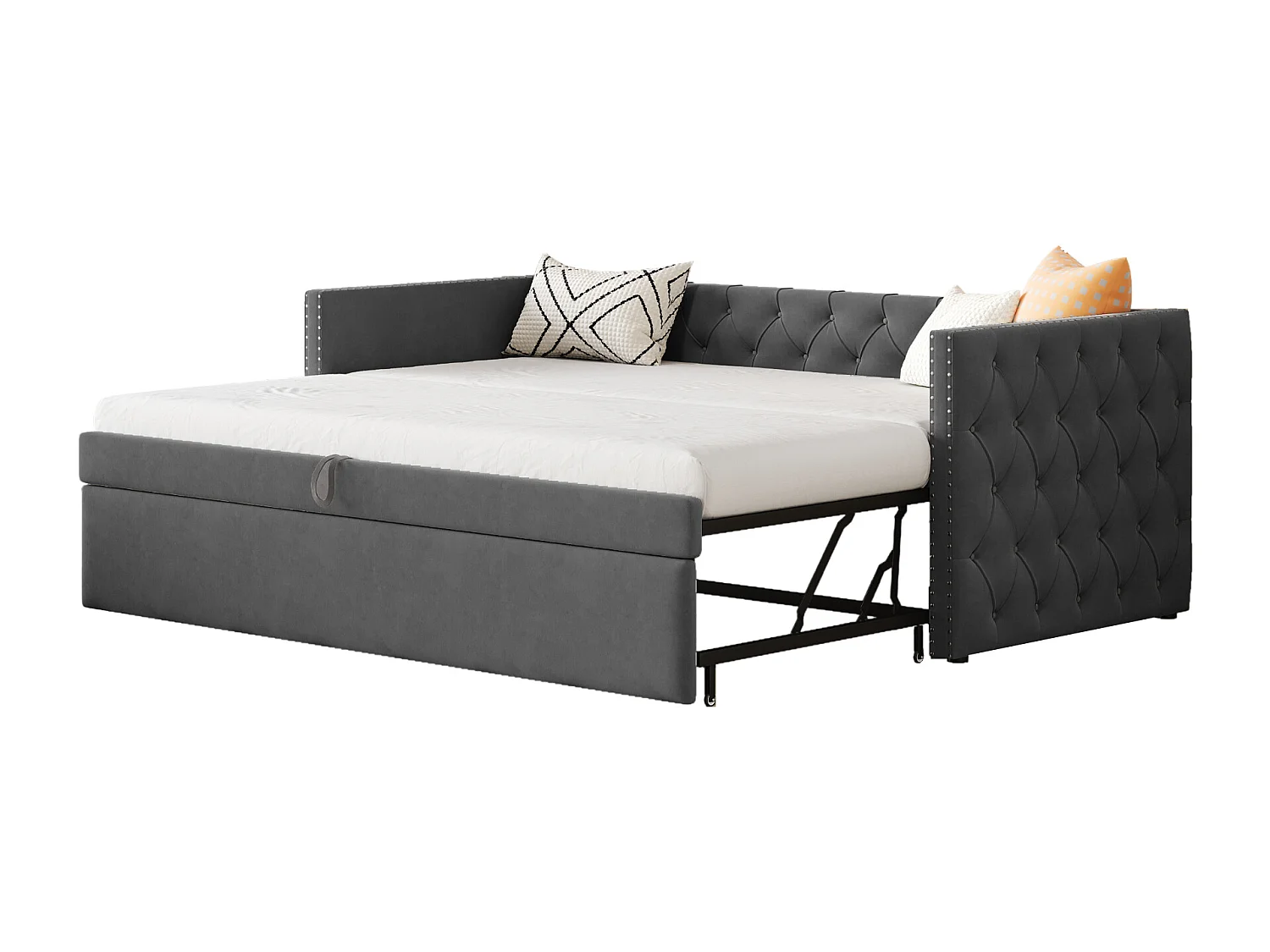 Onderschuifbed 90/180 x 200 cm met hoofdeinde - Zacht fluweel - lattenbodem - donkergrijs (zonder matras)