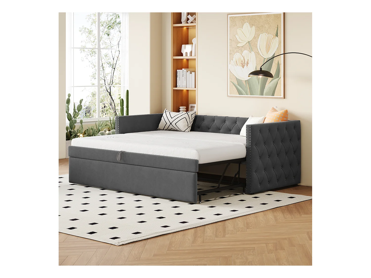 Lit gigogne 90/180 x 200 cm avec tête de lit - Velours doux - sommier à lattes - gris foncé (sans matelas)