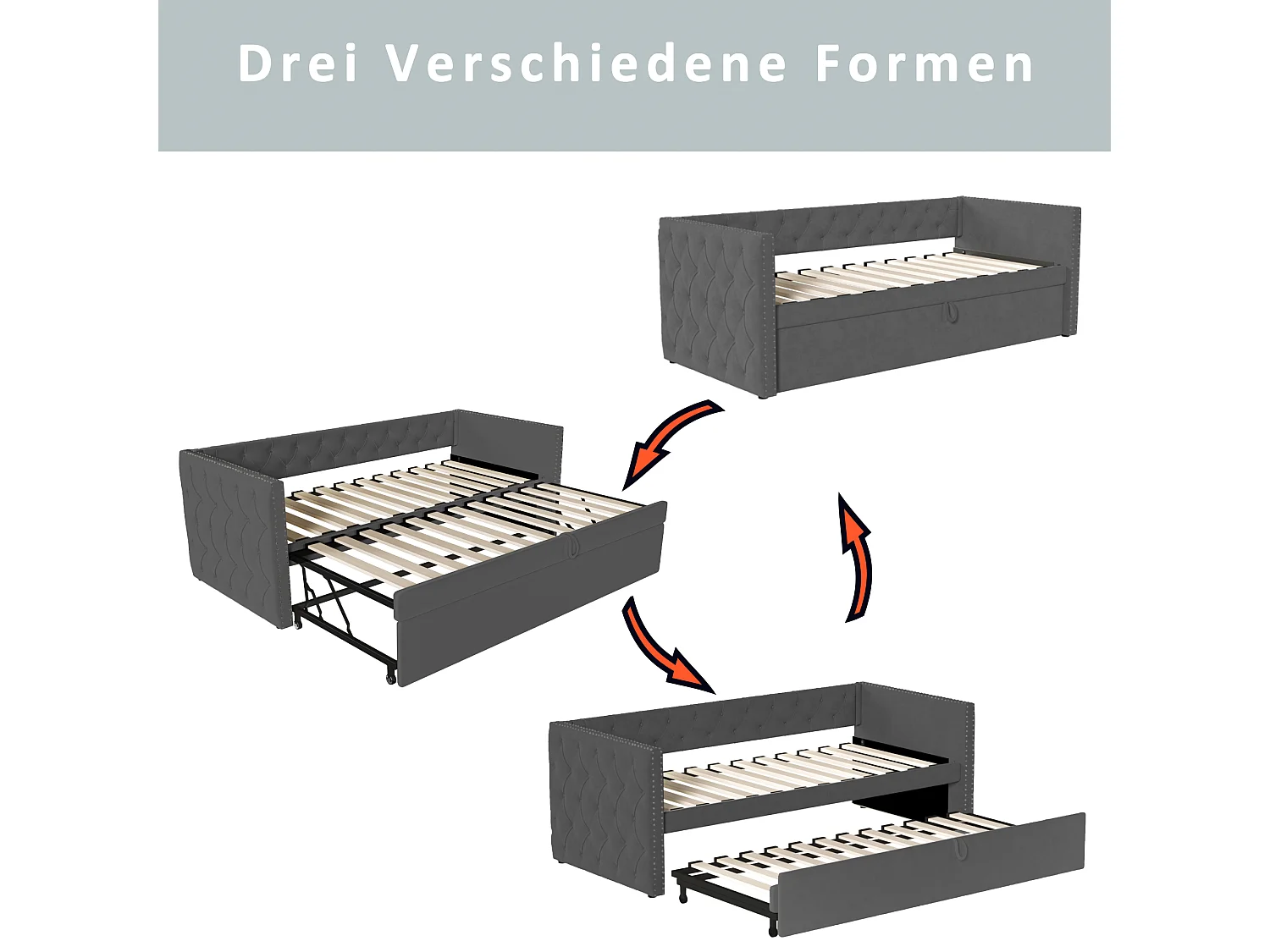 Onderschuifbed 90/180 x 200 cm met hoofdeinde - Zacht fluweel - lattenbodem - donkergrijs (zonder matras)