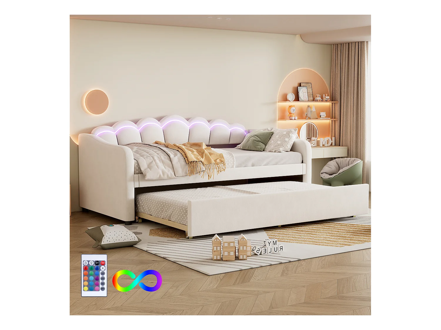 Cama de rodízio 90 x 200 cm + cama 90 x 190 cm, sofá cama - veludo - LEDs - cor bege (sem colchão)