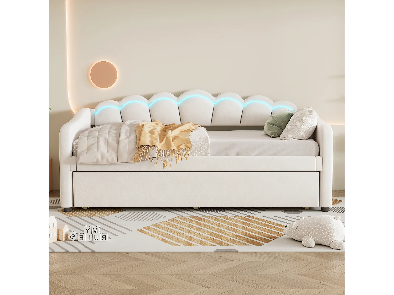 Cama de rodízio 90 x 200 cm + cama 90 x 190 cm, sofá cama - veludo - LEDs - cor bege (sem colchão)