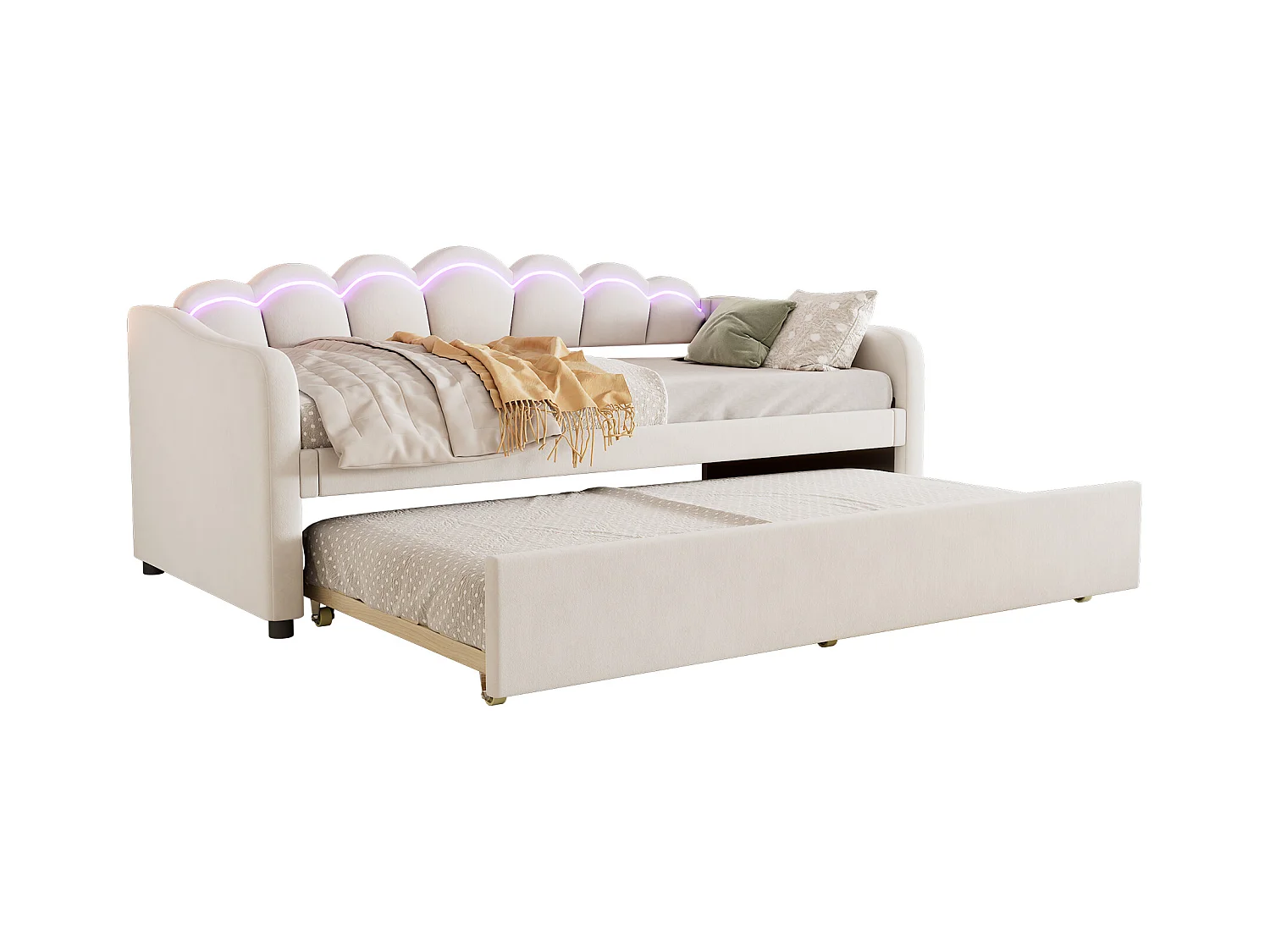 Cama de rodízio 90 x 200 cm + cama 90 x 190 cm, sofá cama - veludo - LEDs - cor bege (sem colchão)