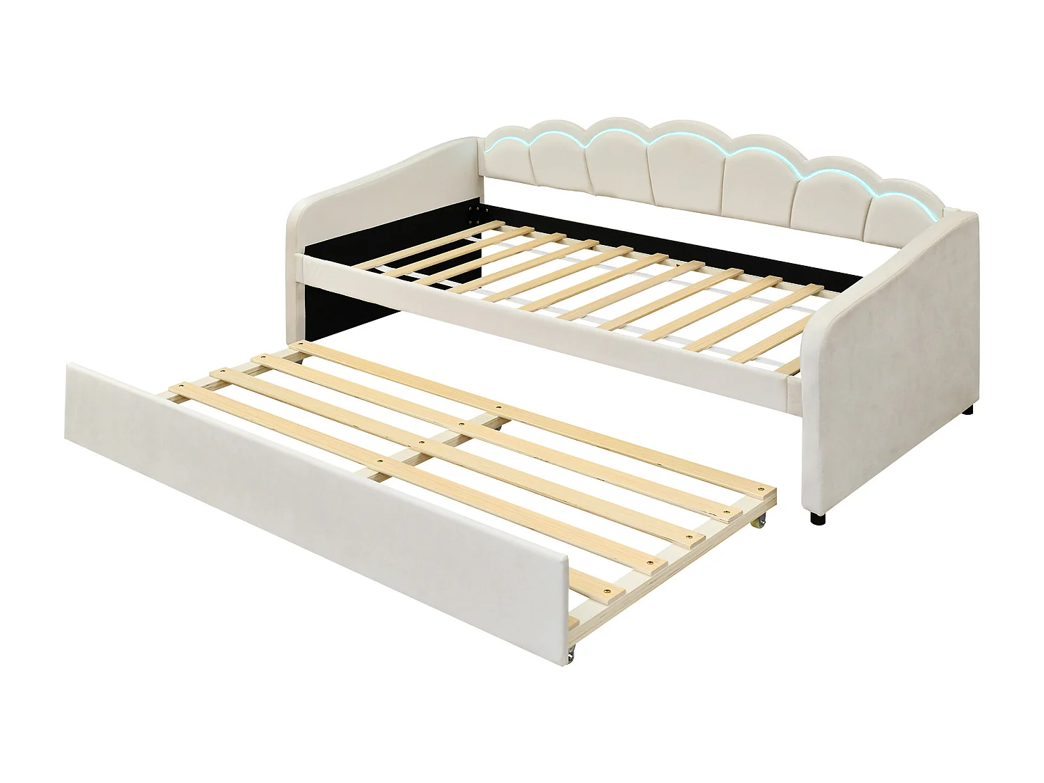 Cama de rodízio 90 x 200 cm + cama 90 x 190 cm, sofá cama - veludo - LEDs - cor bege (sem colchão)