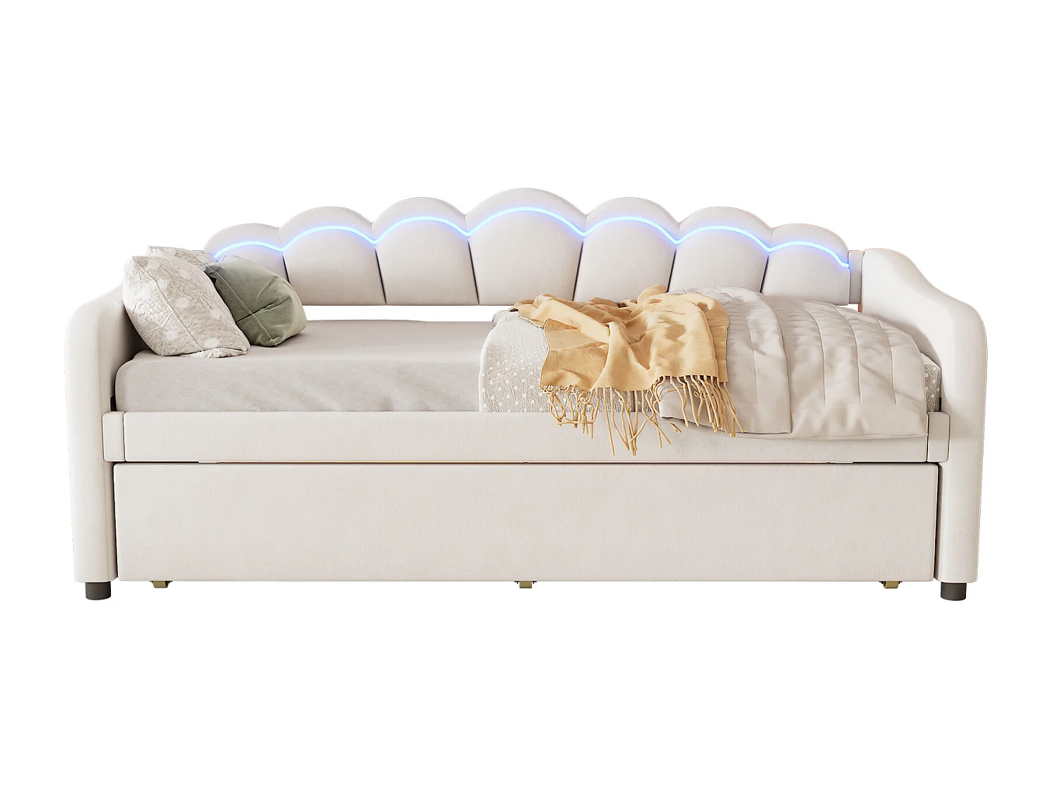 Łóżko wysuwane 90 x 200 cm + łóżko 90 x 190 cm, sofa rozkładana - welur - LED - kolor beżowy (bez materaca)