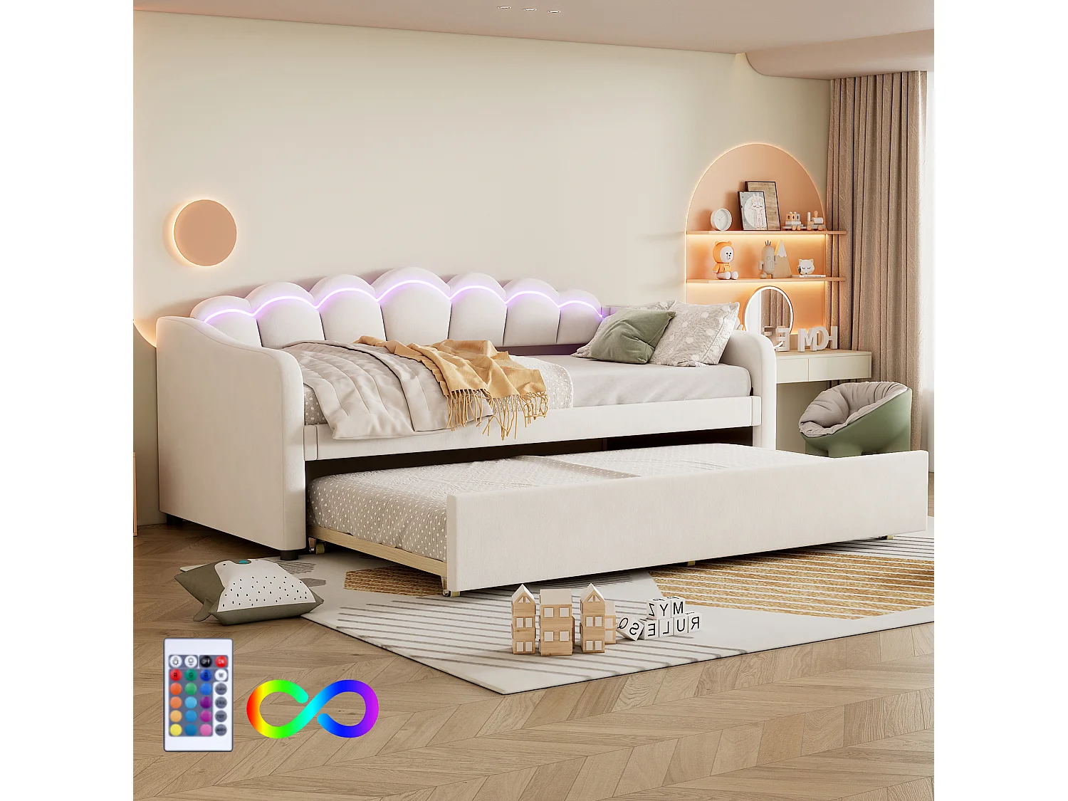 Ausziehbett 90 x 200 cm + Bett 90 x 190 cm, Schlafsofa – Samt – LEDs – beige Farbe (ohne Matratze)