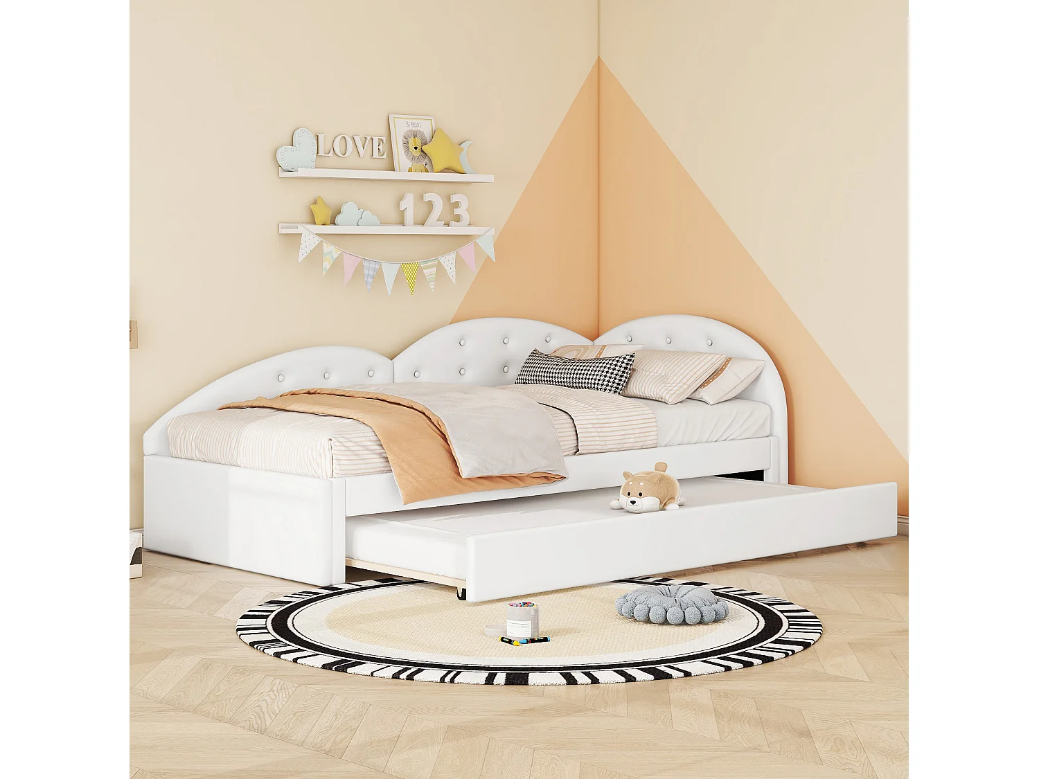 Onderschuifbed 90 x 200 cm + 80 x 190 cm met hoofdbord - PU leer - lattenbodem - kleur wit