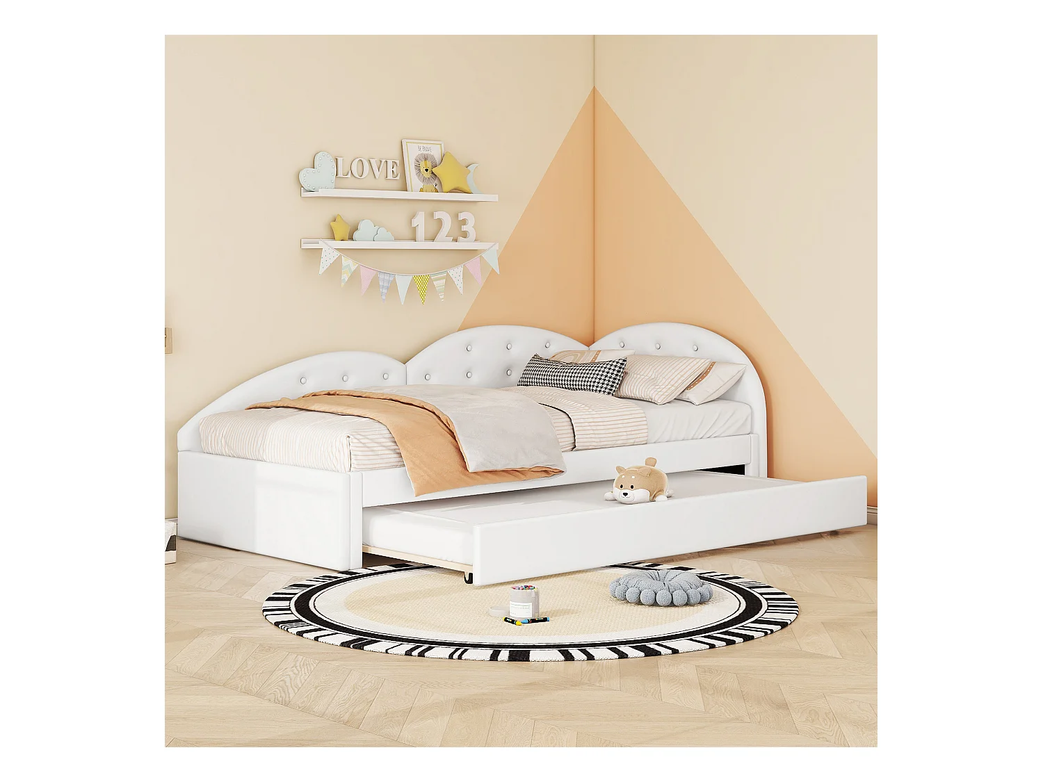 Onderschuifbed 90 x 200 cm + 80 x 190 cm met hoofdbord - PU leer - lattenbodem - kleur wit