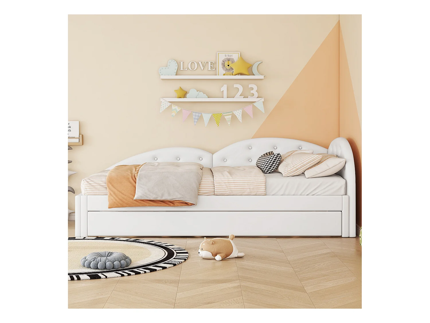 Onderschuifbed 90 x 200 cm + 80 x 190 cm met hoofdbord - PU leer - lattenbodem - kleur wit