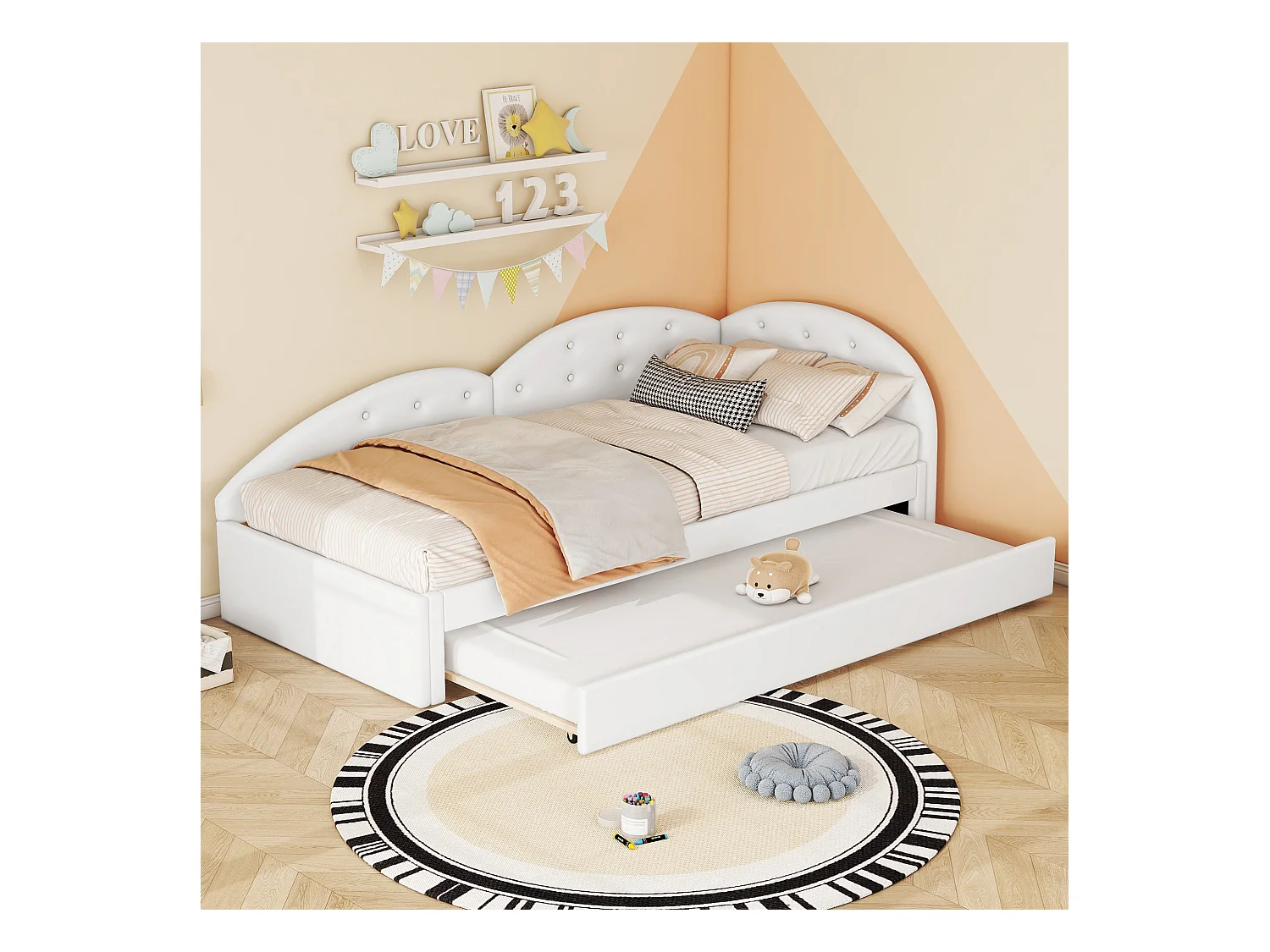 Lit gigogne 90 x 200 cm + 80 x 190 cm avec tête de lit - Cuir PU - sommier à lattes - coloris blanc