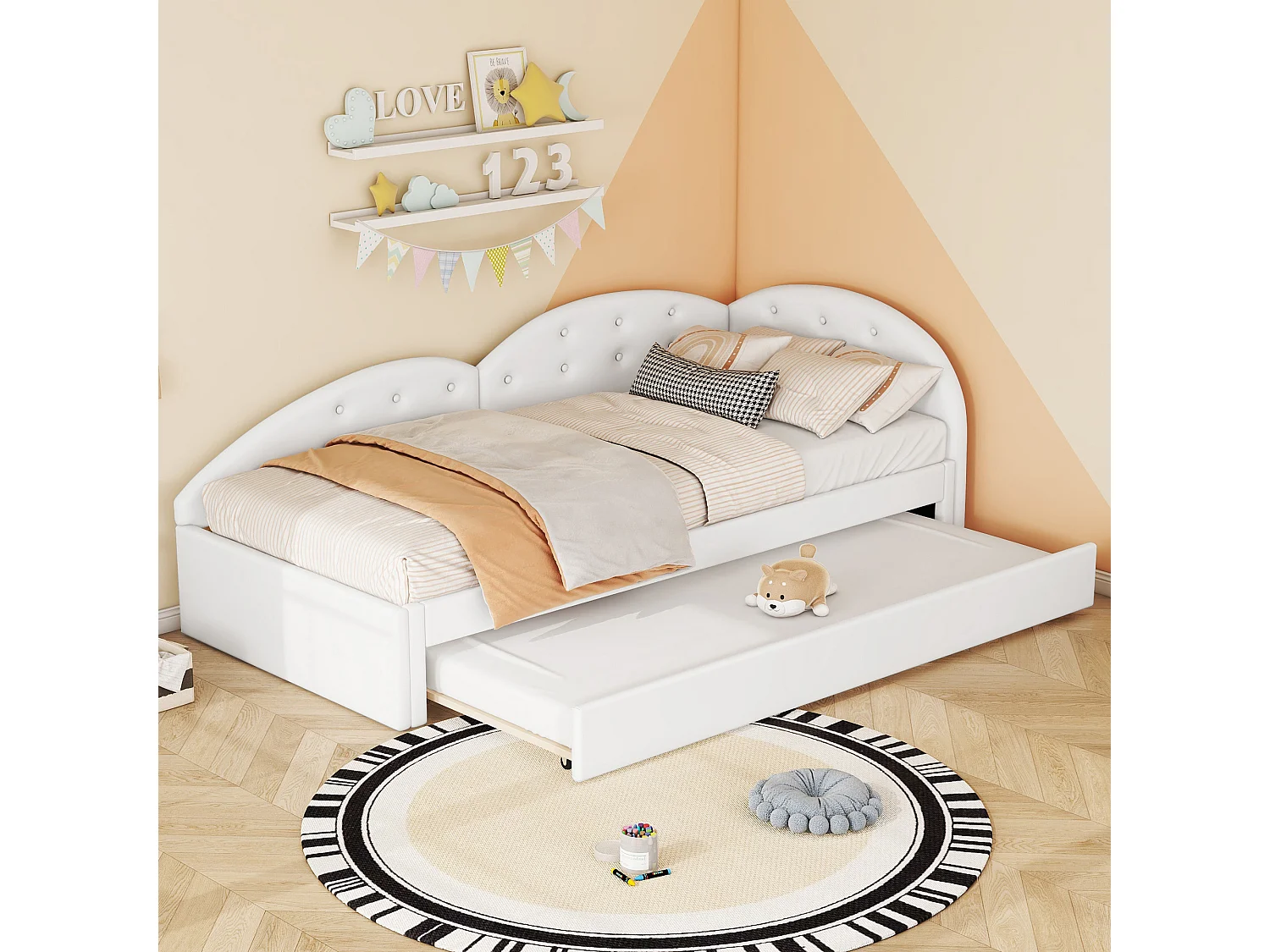 Lit gigogne 90 x 200 cm + 80 x 190 cm avec tête de lit - Cuir PU - sommier à lattes - coloris blanc