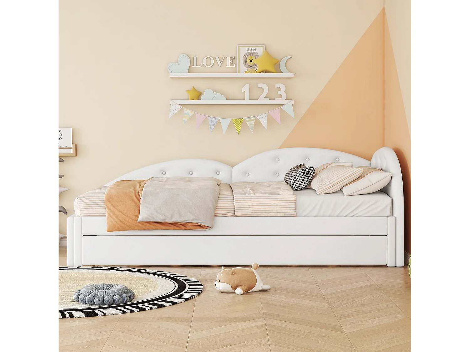 Lit gigogne 90 x 200 cm + 80 x 190 cm avec tête de lit - Cuir PU - sommier à lattes - coloris blanc