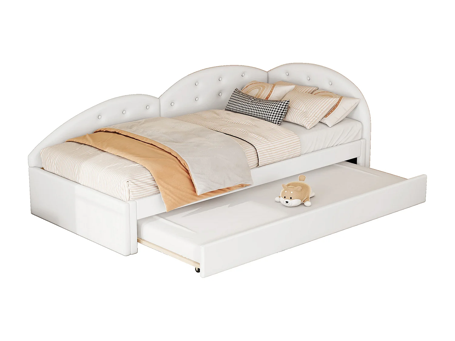 Lit gigogne 90 x 200 cm + 80 x 190 cm avec tête de lit - Cuir PU - sommier à lattes - coloris blanc