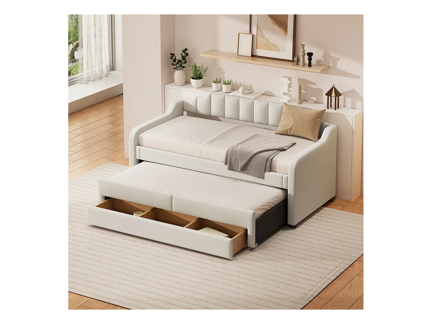 Onderschuifbed 90 x 200 cm + 90 x 190 cm met 3 laden, dagbed - katoenen linnen stof - beige kleur