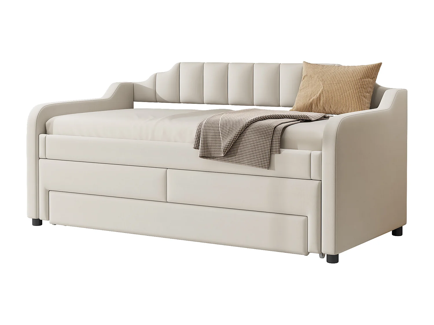 Łóżko wysuwane 90 x 200 cm + 90 x 190 cm z 3 szufladami, tapczan - tkanina bawełniano-lniana - kolor beżowy